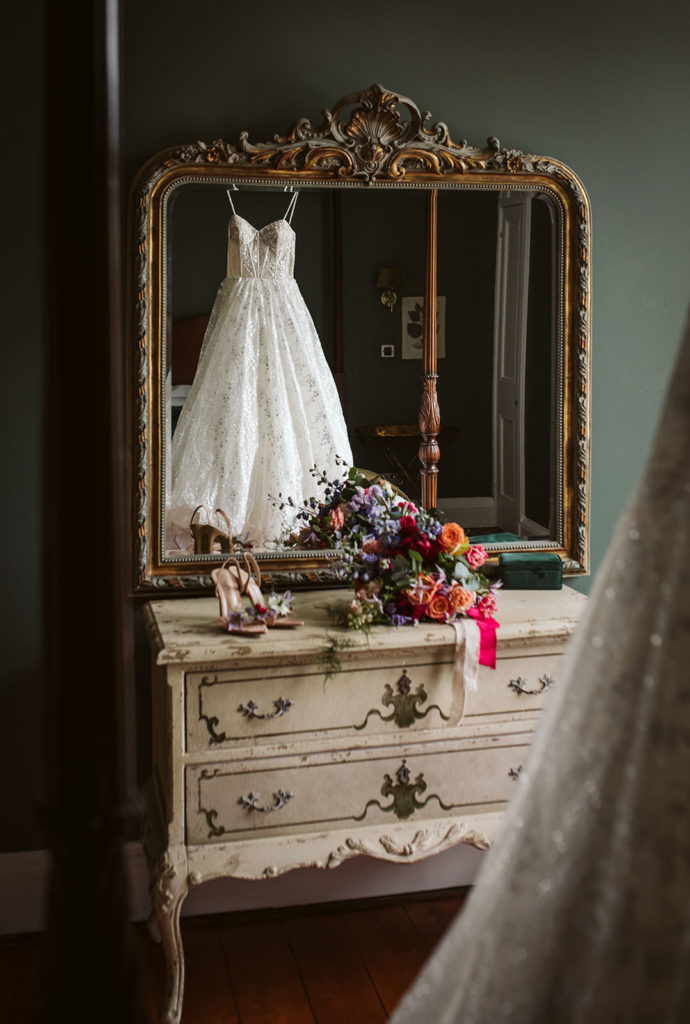 Bridal details in light-filled bedroom 