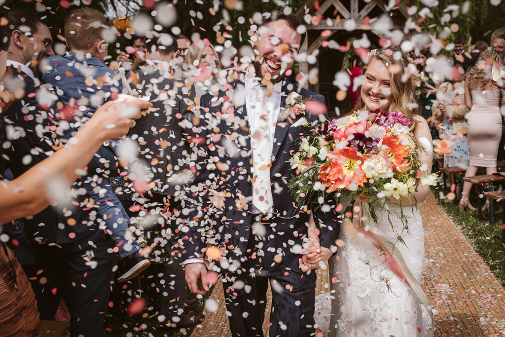 Confetti moment at Skipbridge Country Weddings wedding ceremony