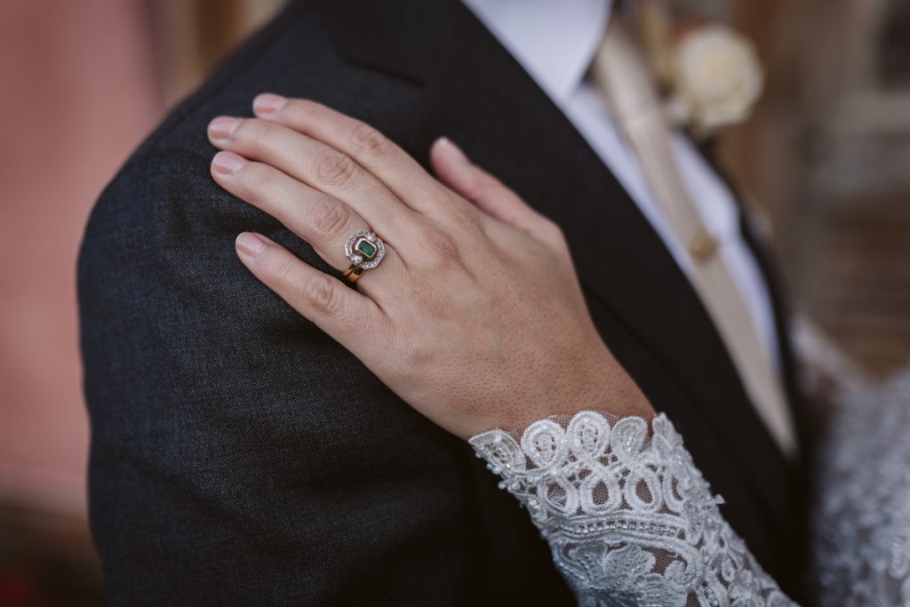 A beautiful emerald engagement ring at Le Petit chateau weddings