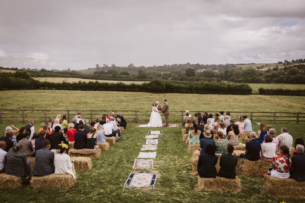 A wide shot of the outdoor ceremony space at East Keswick Village Hall