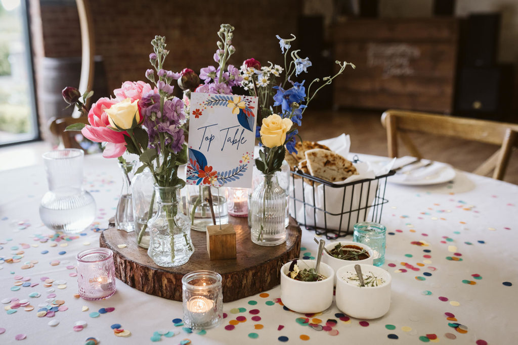 Colourful wedding decor at The Beverley Barn