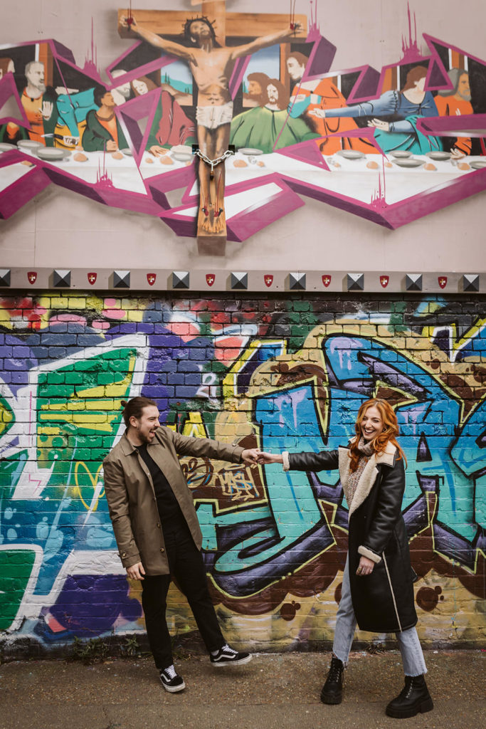 London engagement shoot using the fantastic street art in Shoreditch