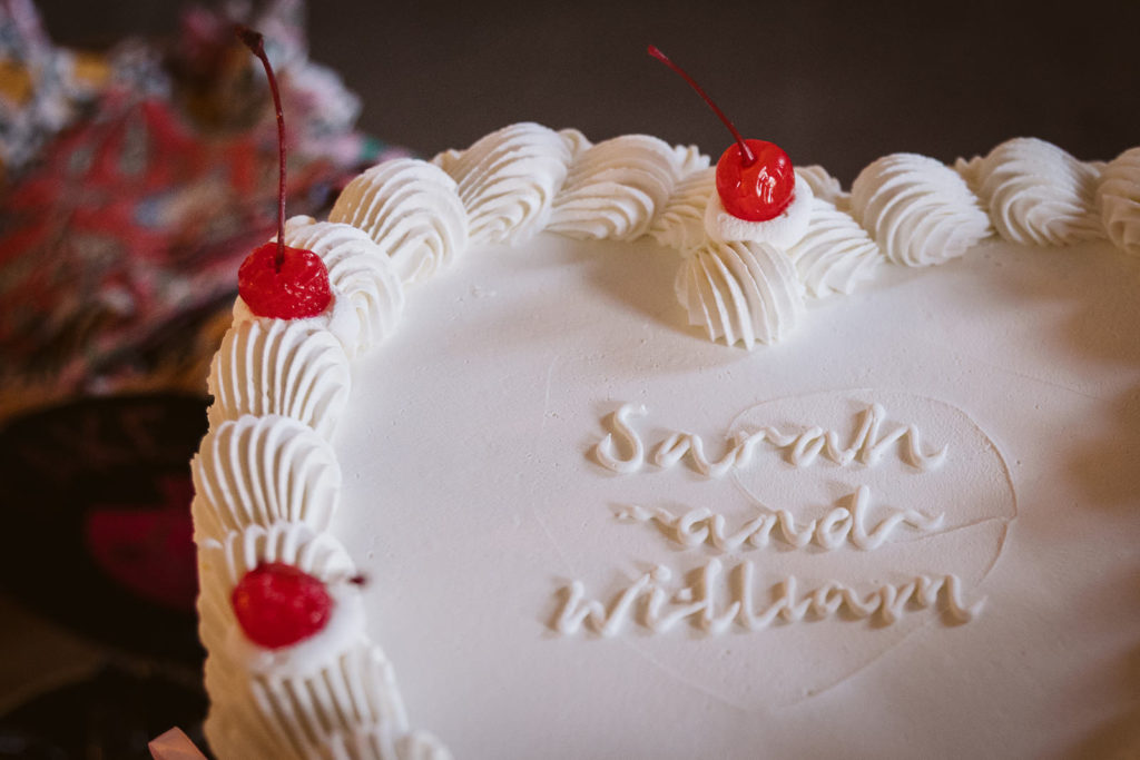 Retro heart shaped Wedding cake with glace cherries