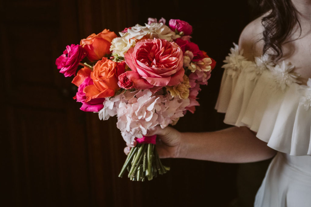 A bold colour palette of pinks and oranges