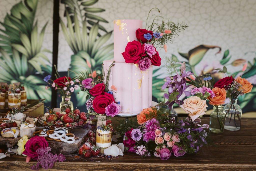 A colourful wedding cake table