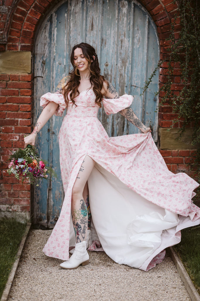 Bride poses for photos in the Helperby Walled Garden