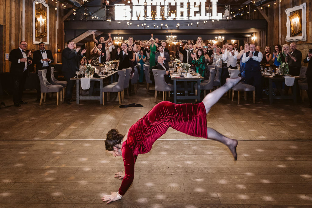 Wild dancefloor moments at an off peak February wedding in Yorkshire