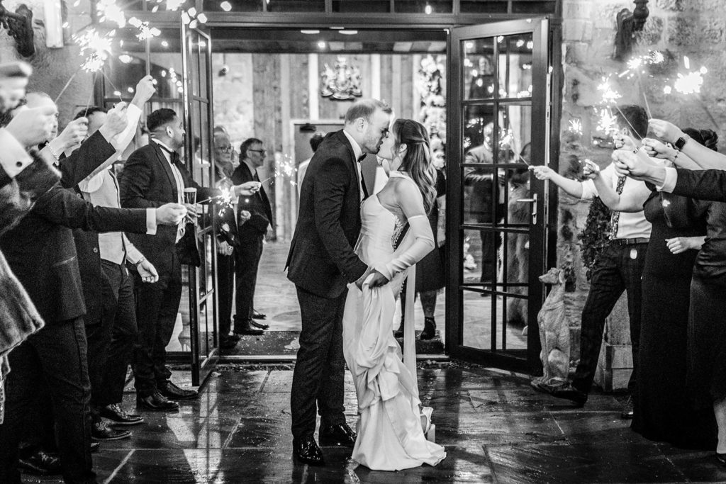 Sparkler exit at a winter wedding at Wharfedale Grange