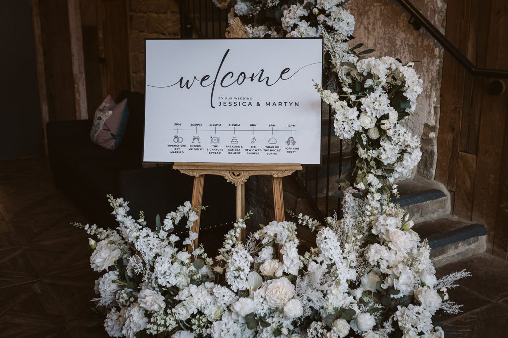 Elegant black tie styling at luxury barn wedding venue near Harrogate