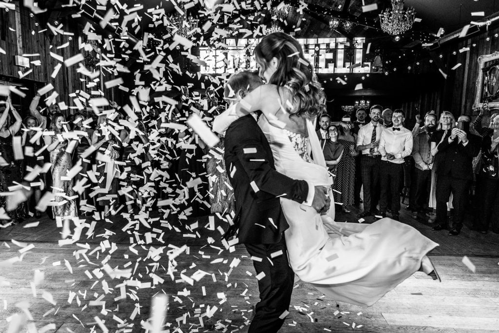 Confetti cannons during the first dance at a Wharfedale Grange wedding
