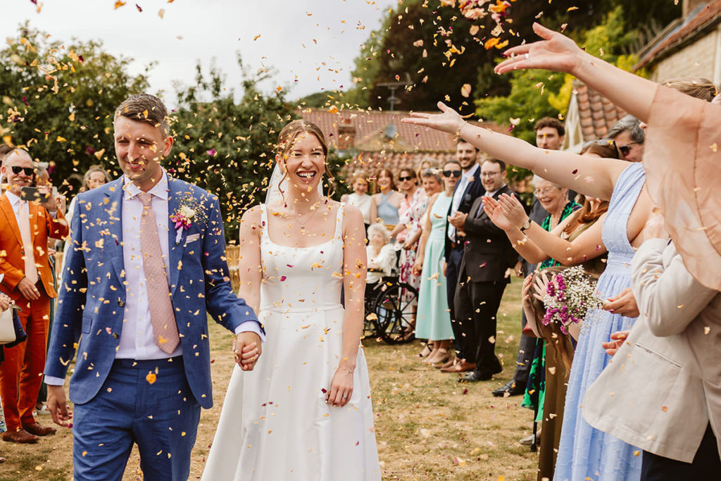 Confetti at a marquee wedding in Oswaldkirk, North Yorkshire
